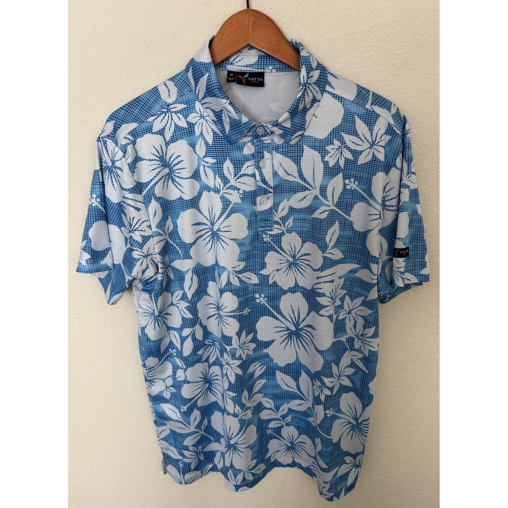 Yatta Golf Men's M Blue/White Floral Collared Polo Shirt Stretch Hawaiian Casual